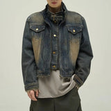 AIDASE  -  Short Japanese Distressed Denim Jacket Men Women Retro Fake Two-piece Double Necked Jackets High Street Wide Shoulder Jean Coats aidase-shop