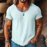 AIDASE  -  Classic Ripped O Neck Short Sleeve T Shirt Men Summer Casual Solid Color Loose T-shirts Mens Daily Leisure Pullover Tops aidase-shop