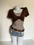 AIDASE  -  Women Striped Splice Short Sleeve Tops Y2K Fake Two-piece O-ring Buckle T-shirts Female Casual Vintage Slim Fit Top aidase-shop