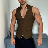 AIDASE  -  Men Vests Solid Color V Neck Sleeveless Button Leisure Male Waistcoats Streetwear Fashion Casual Vests Men S-3XL aidase-shop