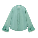 AIDASE  -  Women's Fashionable French Light Maturity Style Holiday Cover up Shirt with Ostrich Feather Splicing Regular Sleeve round Neck aidase-shop
