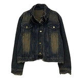 AIDASE  -  Short Japanese Distressed Denim Jacket Men Women Retro Fake Two-piece Double Necked Jackets High Street Wide Shoulder Jean Coats aidase-shop