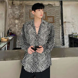 AIDASE  -  Men's Stripe Shirts New Summer Personalized Trendy Lapel Print Style Korean Male Long Sleeve Casual Shirt Tide aidase-shop