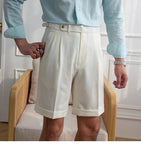 AIDASE  -  Italian Style Naples Shorts Men Summer Seersucker High Waisted Paris Buckle Suit Middle Pants England Business Casual Shorts aidase-shop