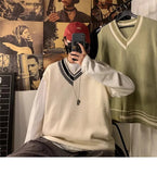 AIDASE  -  Autumn Winter V-neck Knitted Sweater Vest Men Oversized Loose Sleeveless Pullover Tops Men's Korean Warm Sweaters Tank Tops aidase-shop