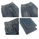 AIDASE  -  Vintage High Street Straight Jeans Men Half Elastic Waist  Loose Washed Denim Pants Four Seasons Fashion Wide-leg Trousers aidase-shop