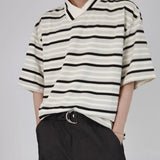 AIDASE  -  Summer Vertical Striped POLO Shirt Irregular Neckline Design Short-sleeved Top Unisex Contrasting Striped T-shirts Elegant Wear aidase-shop