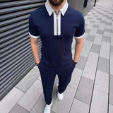 AIDASE  -  Summer Men's POLO Shirt Zipper Contrasting Color Lapel Short-sleeved Top Casual Solid Color Trousers Set aidase-shop