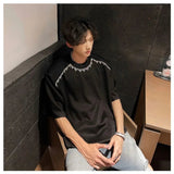 AIDASE  -  Men's White Crew Neck T-Shirt with Black Fringe Detail Casual Loose Fit Short Sleeve Top aidase-shop