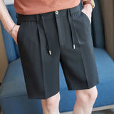AIDASE  -  Men's Elastic Waist Suit Shorts Summer Solid Drawstring Business Casual Knee Length Pants Male Korean Fashion Short Trousers aidase-shop