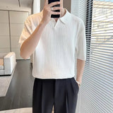AIDASE  -  Men's Clothing Light Luxury Knitted Polo Shirt Casual Stripe V-Neck Solid Color Short Sleeve T-Shirt Breathable Fashion Knitwear aidase-shop