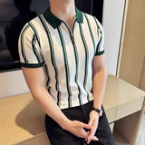 Aidase High-end Simplicity Temperament Handsome Neat Color Collision Stripe Formal Slim Lapel Knitwear Men's Short Sleeves Summer
