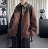 AIDASE  -  Trend Men's Jacket PU Leather Faux Suede Patchwork Design Contrast Color Casual Long Sleeve Lapel Male Coat Tide 21E7100 aidase-shop