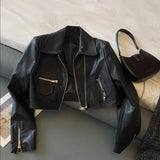 AIDASE  -  American Trendy Motorcycle Suit Slim Short Jacket Double Zipper Washing PU Leather Jacket High Street Versatile Leather Jacket