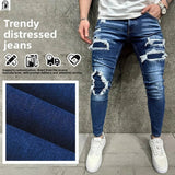 AIDASE  -  Men's Trendy Distressed Jeans Heavy Ripped Slim Fit Denim Pants Paint Splatter Street Fashion Trousers Trendy Distressed Jeans aidase-shop