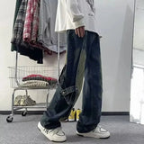 AIDASE  -  American high street trendy brand youthful and fashionable versatile straight retro old washing splicing design streamer jeans aidase-shop