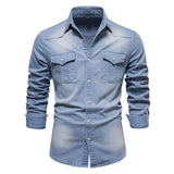 AIDASE  -  Spring Autumn Vintage Solid Men Washed Denim Shirt Causal Full Sleeve Turn Down Collar Single Breasted Multi Pockets Shirts Man aidase-shop