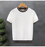 AIDASE  -  New Summer Men's Short-Sleeve Knitted Shirt Crew Neck Top Color-Blocked Striped Ice Silk Breathable Slim Fit Business T- Shirt aidase-shop