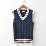 Aidase Striped White Knitted Sweaters for Men Blue Sleeveless Man Clothes V Neck Vest Red Waistcoat Jumpers Sweat-shirt Cigaret Cotton aidase-shop