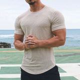 AIDASE  -  Casual Crew Neck Short Sleeve Mens T Shirts Summer Sports Fashion Stretch Slim Pullover Tops Men Vintage Striped Textured Tees aidase-shop