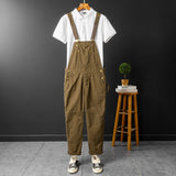 AIDASE  -  Men Loose Fit Bib Overalls Pockets Cargo Pants Hip Hop Golden Buttons Dungarees Casual Suspenders Jumpsuits aidase-shop