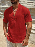 AIDASE  -  Men's Linen Blend Henley Shirt Short Sleeve V Neck Casual Summer Beach Top aidase-shop