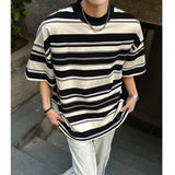 AIDASE  -  Men Black White Stripe Tshirt Man Loose Fit O Neck Casual Streetwear Fashion Soft Cotton Relaxed Summer Tee Shirt Striped Top aidase-shop