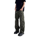 AIDASE  -  Men's New Cargo Pants Straight Wide Leg Multi Pockets Button Decor Comfort Casual Fashion Design Sense Full Length Trousers aidase-shop