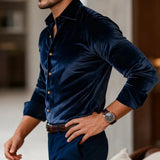 AIDASE  -  Stylish Solid Color Velvet Shirts Mens Long Sleeve Button-up Turn-down Collar Casual Shirt Fall Winter Daily Leisure Men Shirts aidase-shop