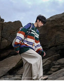 AIDASE  -  Winter Men's Retro O-neck Sweater with Contrasting Stripes Casual Loose Pullover Sweater for Teenagers Preppy Striped Cardigan aidase-shop