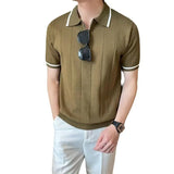 AIDASE  -  Edge Patchwork Knitted Polo Shirts For Men Summer Short Sleeved Versatile T-shirt Fashion Business Leisure Knitted Tshirts aidase-shop