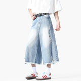 AIDASE  -  Summer New Fashion Men's Jorts Hole Worn-out Design Rough Selvedge Denim Pants Over Knee Length Male Bottoms