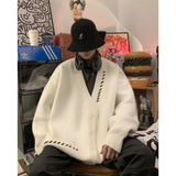 Aidase Striped Plush V-neck Sweater Men's Loose Casual Brushed Knit Trendy Couple Versatile Comfortable Harajuku High Street Cardigan aidase-shop