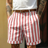 AIDASE  -  Retro Vertical Stripe Men Suit Shorts Front Pleat Cuffed Hem Straight Knee Length Summer Daily Beach Casual Short Pants aidase-shop