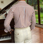 Aidase Business Stripe Shirts Men's Cuba Collar Long Sleeve Shirt British Fashion Slim Shirt Trend Men Shirt Office Tuxedo Shirt Social aidase-shop