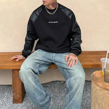 Aidase Mens Y2k Contrast Pu Leather Raglan Sleeves  Sweatshirt Autumn And Winter Genderless Casual Loose Splicing Sweatshirt Unisex aidase-shop