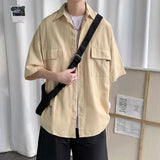 AIDASE  -  Working Pocket Solid Color Pure Cotton Short-sleeved Shirt Fashionable Summer Lapel Button Functional Half-sleeved Cardigan aidase-shop