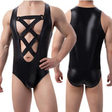 AIDASE  -  Mens PU Leather Bodysuits Sleeveless Leotard Front Hollow Out Rompers Faux Leather Jumpsuit Wrestling Singlet Nightclub Bodysuit