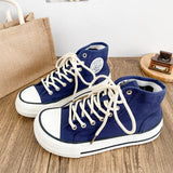 AIDASE  -  New Women Solid Canvas Shoes High Top Female Students Navy Canvas Sneakers Lace Up Flat Tennis Sports Shoes Short Ankle Boots aidase-shop