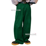 Aidase Fall Winter Corduroy Green Pants Men Striped Wide Leg Casual Slacks High Rise Trousers Holiday Party Vintage Clothes