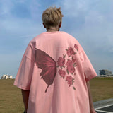 AIDASE  -  American Retro Butterfly Flower Printed T-shirt Loose Casual Round Neck Short Sleeve Couple Dress Half Sleeve Tops aidase-shop