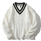 Aidase V-neck Section Men's Knitted Sweater Ribbed Hem Fashion Splicing Pullover Korean Loose Autumn Knit Sweater aidase-shop