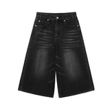 Aidase Hip-hop Men Jorts Low Rise Brushed Black Baggy Jeans Cropped Frayed Wide Leg Denim Shorts Oversize Pants Male Trousers