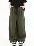AIDASE  -  100% Cotton Men Cargo Pants Japanese Hip Hop Vintage Wide Leg Straight Regulate Trouser Leg Big Pocket Y2K Drawstring Bloomers aidase-shop