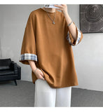 AIDASE  -  Spring Summer Men's Ice Silk T-shirts Women Oversized Plaid T-shirt Korean Style Casual Seven sleeves T-Shirt Male aidase-shop