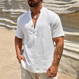 AIDASE  -  Men's Linen Blend Henley Shirt Short Sleeve V Neck Casual Summer Beach Top aidase-shop