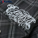 Aidase Letter Embroidery Loose Safari Short Sleeve Shirt Mens Summer Streetwear Lapel Casual Plaid Shirt Men
