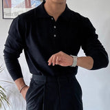 AIDASE  -  Slim Fit Button-up Turn-down Collar Knit Polo Shirt Fall Fashionable Mens Long Sleeve Polos Trendy Men's Solid Color Polo Shirts aidase-shop