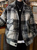 AIDASE  -  Casual Long Sleeve Mens Woolen Jacket Coat Plaid Printed Button-up Turn-down Collar Jackets Men Spring Vintage Cardigan Tops aidase-shop