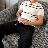 AIDASE  -  Daily Leisure Mens Slim Polo Shirts Knitted Short Sleeve Buttoned Turn-down Collar Polo Shirt Summer Casual Striped Knitting Top aidase-shop
